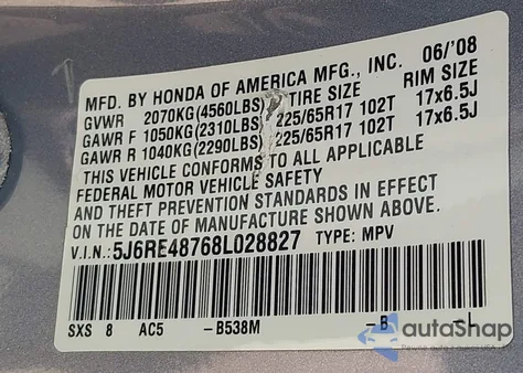 2008 Honda Cr-V Ex-L z USA, uszkodzony, nr VIN 5J6RE48768L028827